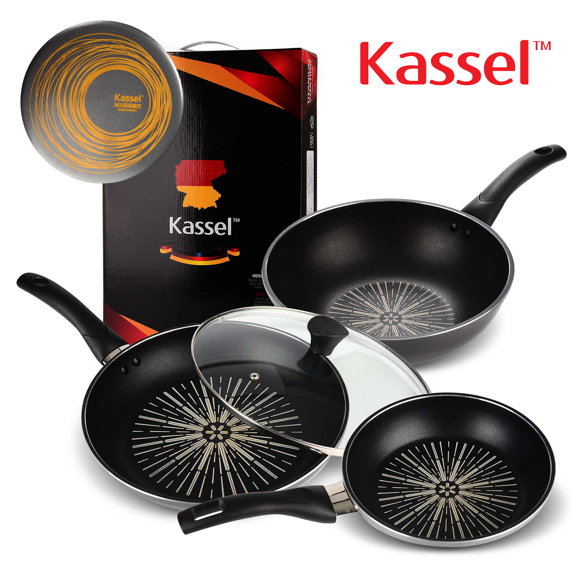 [Kassel ] 카셀 단조형 티타늄 후라이팬 4종세트[후20cm +후28cm+궁26cm+유리뚜껑 28CM]