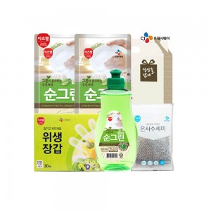CJ이츠웰 순그린(320용기),순그린(300리필)*2개,,위생장갑,수세미 5종세트